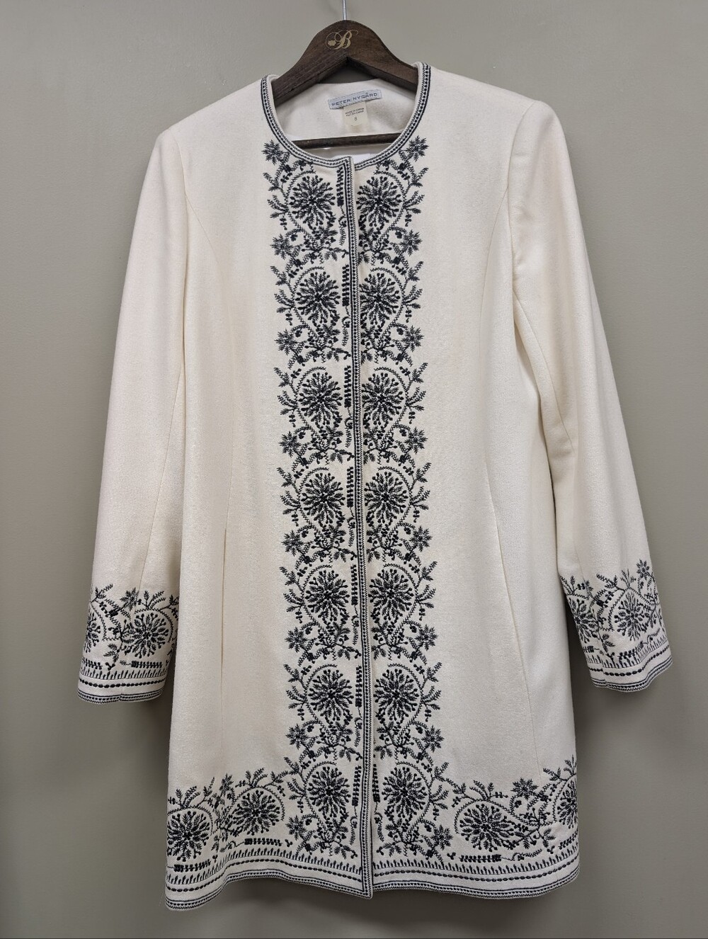 Peter Nygard Cream Wool Blend Coat With Black Floral Embroidery Size 8